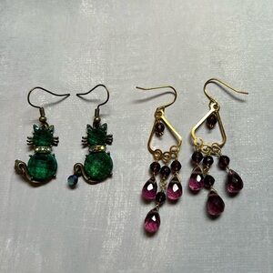 Whimsical fashion earrings brand new, gold plated with purple bead & green cats